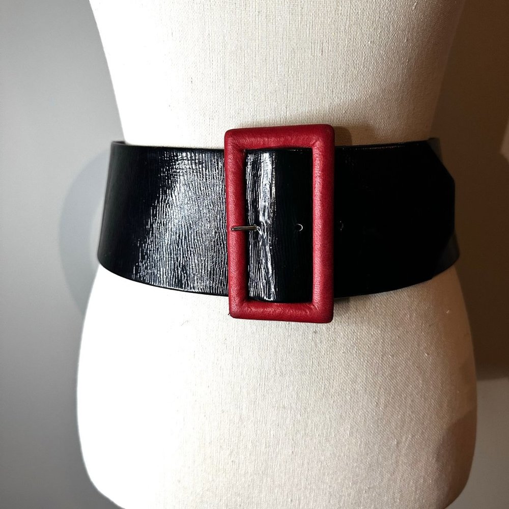 COPY - Isabel Canovas Couture Shiny Leather Belt w Red Buckle 1980s
